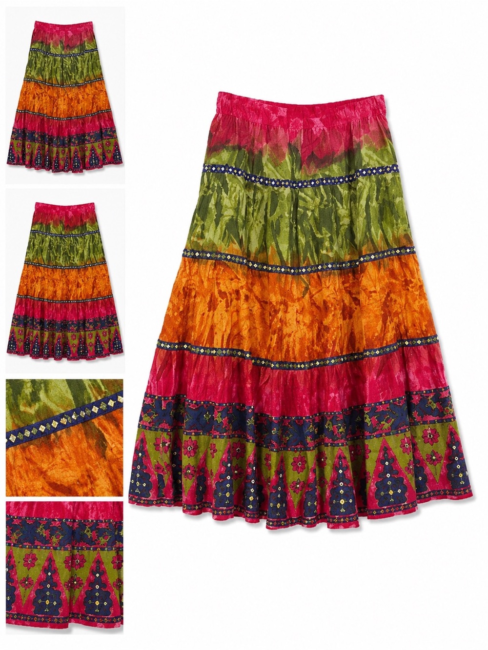 Bohemian Tiered Maxi Skirt in Pink, Green & Orange